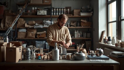 Craftsman Works in Studio on Wooden Project During Afternoon Light in Urban Workspace