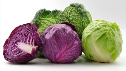 Obraz premium Whole and cut red cabbage with green cabbage heads on white background. Fresh raw vegetables showcasing texture, color and organic produce quality