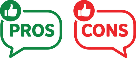 Pros and cons icons, flat vector illustration set in green and red featuring check marks, thumbs up and thumbs down symbols for advantages and disadvantages, yes and no information signs,  © Kayla Quentin