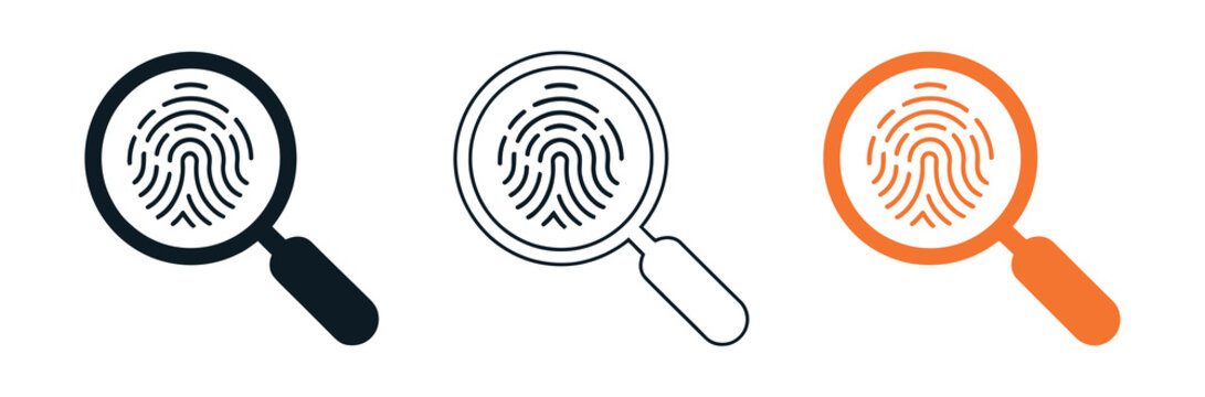 Fingerprint magnifying glass icon, minimal flat stroke vector logo featuring fingerprint inside magnifying glass in black, white, and orange, modern security, identity verification, 