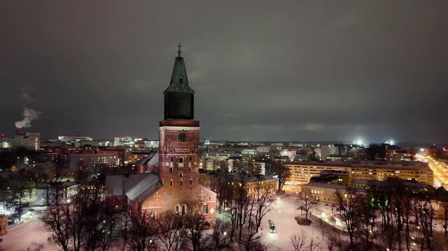 Turku Cathedral at Night &ndash; Aerial View of Historic Landmark in Turku, Finland