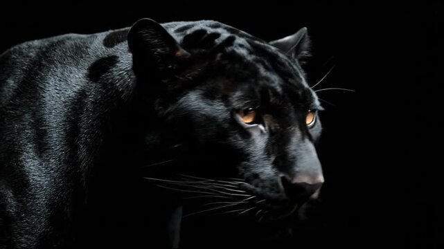 A black cat's head in dramatic lighting, with golden eyes and long whiskers against a dark background