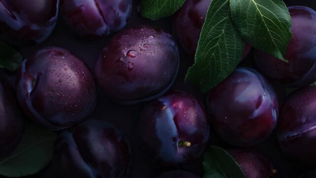 Fresh plums are gathered with green leaves at a local market during the summer months in a small town