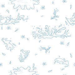 Water splashes, puddles and drops, seamless pattern. Vector illustration. Waves and puddles isolated on a white background. Concept of summer, water Thai festival and sea travel. Not AI