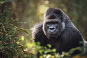 Fototapeta premium Majestic adult male gorilla in a lush rainforest with natural light