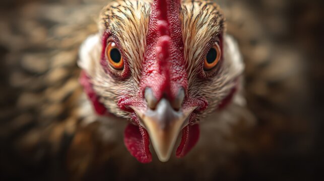 Macro-style chicken head shot from above, intense gaze toward camera