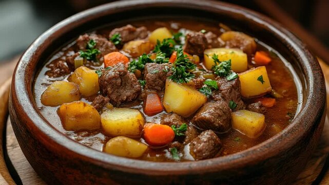 Cooking beef stew in a traditional pot with vegetables and herbs in a cozy kitchen setting