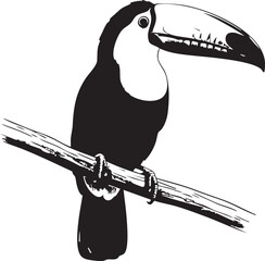 Naklejka premium Black and white toucan perched on branch monochrome bird