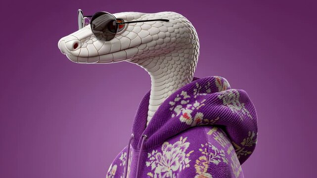Stylized snake character wearing sunglasses and a floral purple hoodie poses in three sequential frames, showcasing unique angles and expressions against a solid purple background