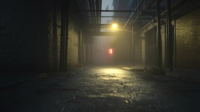 Mysterious Dark Industrial Alleyway with Fog and Red Glowing Light at Night