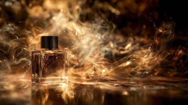 Luxury perfume bottle with golden smoke wisps on reflective surface, high-end fragrance product photography with oud wood theme