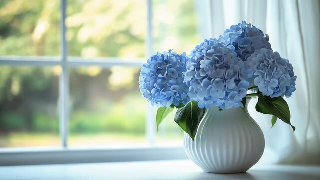 Blue hydrangeas in a white vase near a sunny window in a cozy room during daytime