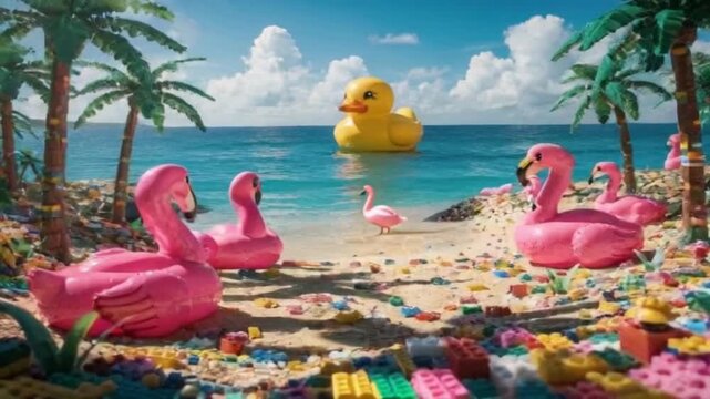 : Surreal Summer Beach Scene with Inflatable Flamingos and a Giant Rubber Duck