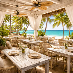 Obraz premium Beachfront restaurant dining area with palm trees