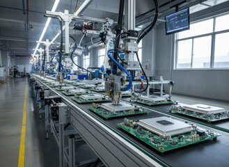 An advanced processing unit integrated onto a printed circuit board is moved by a conveyor in an electronics factory, supporting a fully automated PCB assembly line for electronic device production