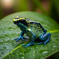 Fototapeta premium Vividly colored amphibian rests upon a large, dew-covered tropical leaf