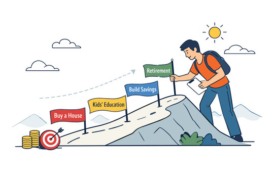Personal Finance and Goal Setting Illustration with Budgeting, Saving, and Smart Spending Strategy