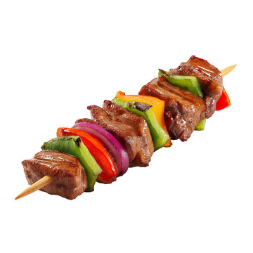 Grilled beef skewer with vegetables on white background