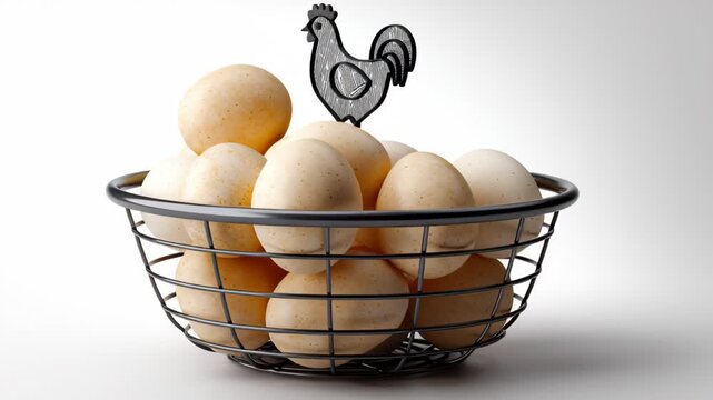 Basket filled with various eggs in different shades, topped with a decorative chicken figure, showcasing a visually appealing arrangement in a minimalist setting
