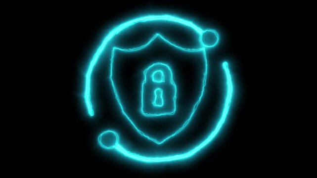 Digital security shield icon with lock icon neon lock data security icon Digital security shield icon with lock icon neon lock data security icon fast tracking map animation on black background