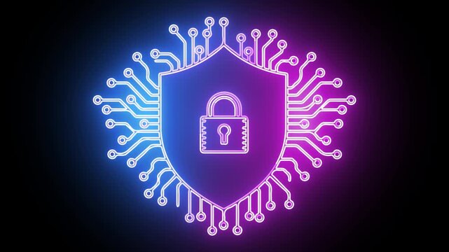 Digital security shield Abstract glowing neon icon fast tracking map animation on black background