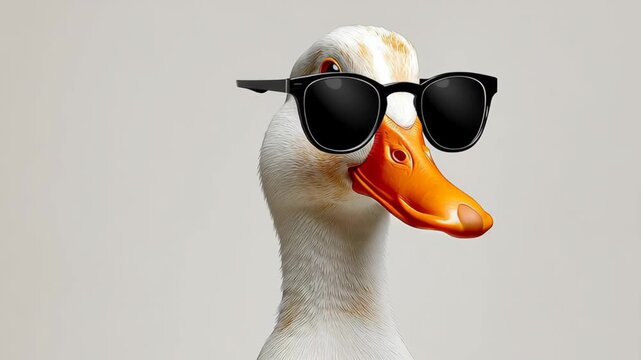 Duck wearing black sunglasses poses confidently in a neutral background, showcasing its vibrant orange beak and white feathers, emphasizing its playful and stylish demeanor throughout the frames