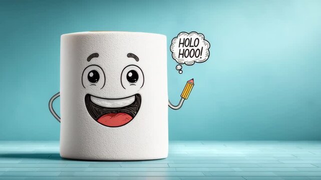 Cartoon character of a smiling white roll with arms and a pencil in hand, expressing excitement with the speech bubble saying "HOLO HOOO!" against a blue background