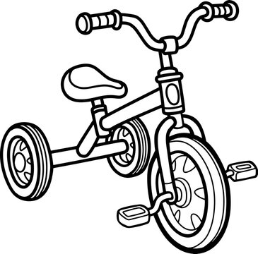  three-wheeled children's bicycle  line vector illustration isolated on white background