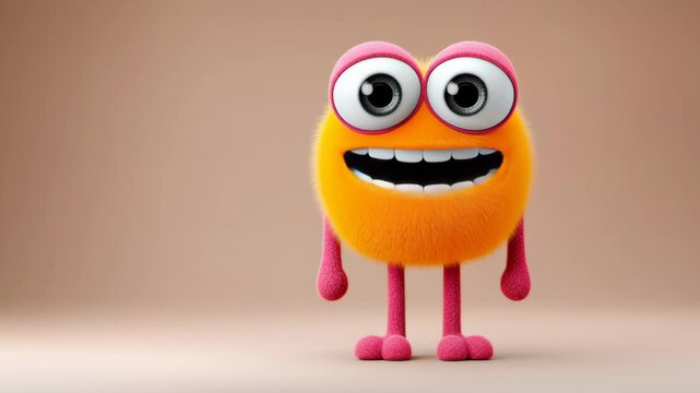 Colorful cartoon character with fluffy orange body and pink limbs smiles joyfully, showcasing a playful expression against a soft, neutral background in a series of engaging frames