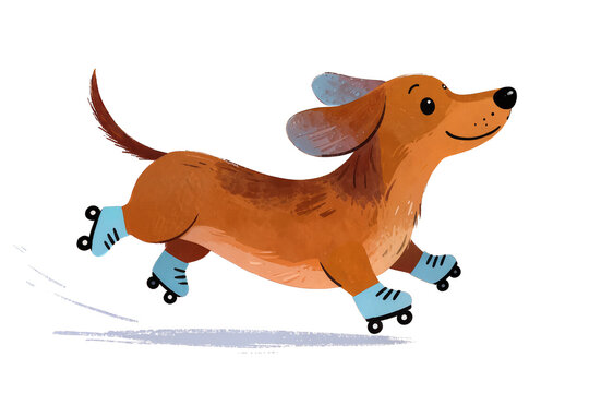 Happy brown dachshund dog roller skating isolated on white background. Concept of spring and summer activity, fun lifestyle, optimism, and joyful illustration