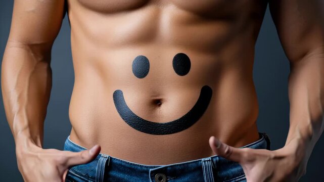 Male model with toned abs displays a smiley face tattoo on his stomach, showcasing different angles and hand gestures in a studio setting with a dark background