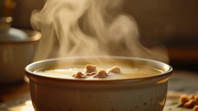 Steaming Bone Broth in Close-Up