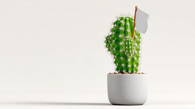 Cactus plant with a small white flag positioned in a round white pot, showcasing gradual changes in flag orientation and cactus posture against a neutral background