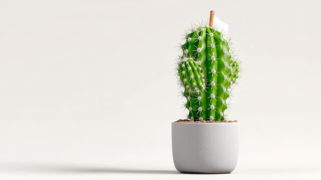 Cactus plant with white flag in a round pot, showcasing gradual positioning and orientation changes across three frames, highlighting its vibrant green color and spiky texture in a minimalistic settin