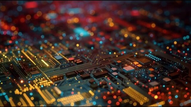 Futuristic circuit board with glowing connections and data flow