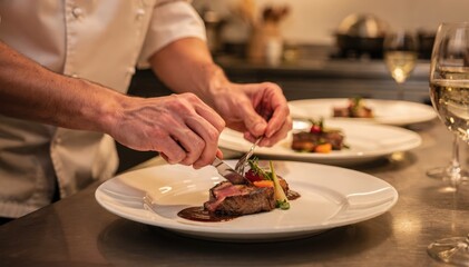 Focused medium shot of a chef preparing a romantic multicourse anniversary dinner hands skillfully plating under soft kitchen lighting with blurred surroundings.