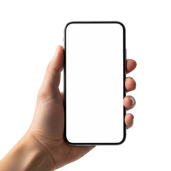 A hand holding a blank smartphone against a white background isolated on transparent background
