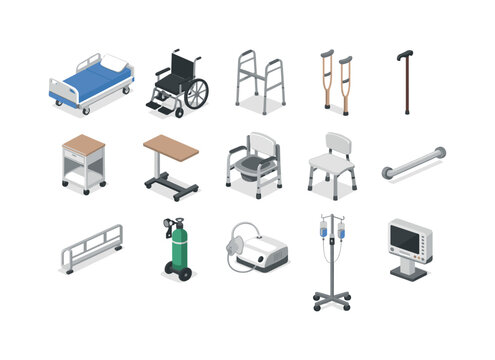 Healthcare support patient care equipment in simple isometric flat vector style: hospital bed, wheelchair, walker, crutch, cane, bedside table, overbed table