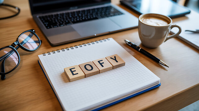 End of financial year planning with laptop, coffee, glasses, and EOY wooden blocks on desk