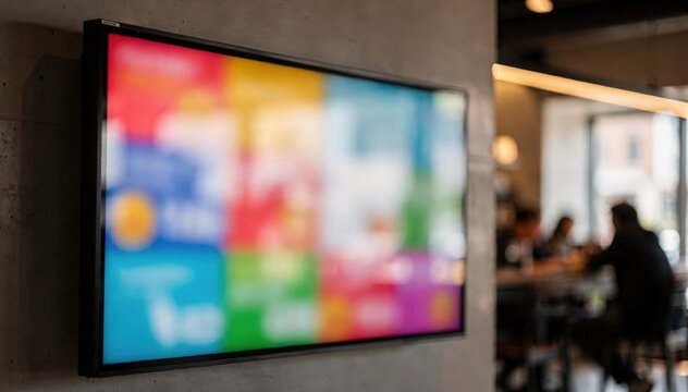 Medium shot of a digital menu board showcasing dynamic value hour pricing with a blurred environment enhancing the main screens vibrant offer changes.