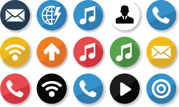 Glossy sticker icon set, colorful circular vector buttons with symbols like mail, phone, music, user, web, and GPS for web, mobile, and UI/UX interface design