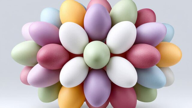 Colorful arrangement of decorative eggs in various pastel shades, including pink, blue, green, and yellow, forming a floral pattern on a light gray background