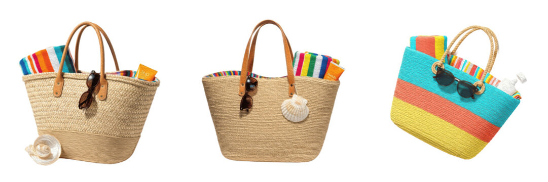 Beach Tote Bag Set Isolated on Transparent Background, Woven Straw and Colorful Canvas Summer Accessory PNG Collection