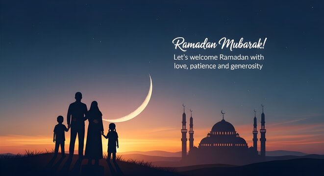 Vector illustration of a night silhouette featuring the Taj Mahal and mosque architecture against an Indian city skyline with a dome and temple landmark for a religion or Eid culture card design