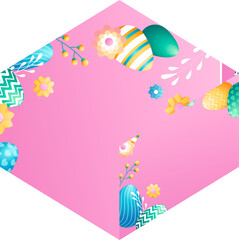Naklejka premium A pastel pink hexagon gift box lid with Easter egg and flower decorations is shown in a bright 3D illustration style