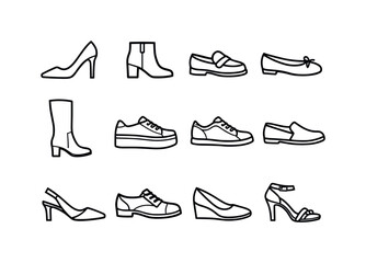Designer footwear styles in linear style: stiletto heel, ankle boot, loafers, ballet flat, knee high boot, platform sneaker, leather sneaker, slip on shoe