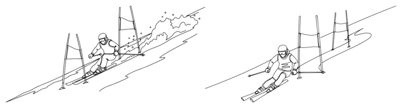 Continuous line drawing of professional skiers competing in a downhill slalom race on a snowy mountain slope