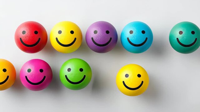 Colorful smiley face balls in a row, showcasing a vibrant arrangement of red, yellow, purple, blue, green, pink, and orange spheres on a clean white surface, highlighting playful design elements
