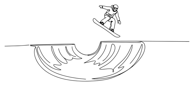 One continuous line drawing of a snowboarder jumping high in a halfpipe during winter sports competition