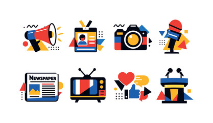 Media and Public Relations in abstract flat style: megaphone, press badge, camera, microphone, newspaper, TV, social media icon object, podium